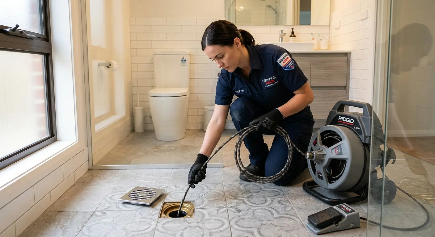 Technician clearing a bathroom floor drain for Sewer Line Installation in Cambridge